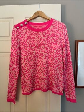 Lilly Pulitzer Hot Pink Leopard Print Sweater with Embellished Shoulder in Sz M